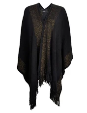 Women's Shawl Golden Trim Knit Blanket Wrap Fringe Poncho Coat Cardigan - Black - One Size Women's Shawl Golden Trim Knit Blanket Wrap Fringe Poncho Coat Cardigan - Black - One Size