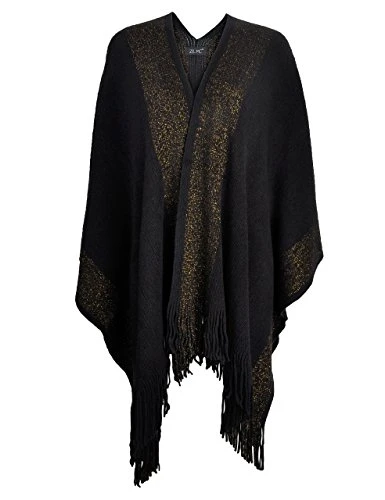 Women's Shawl Golden Trim Knit Blanket Wrap Fringe Poncho Coat Cardigan - Black - One Size