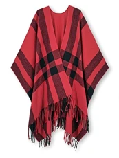 Women's Shawl Wrap Open Front Poncho Cape Plaid Tassel Blanket Cardigans Coat for Spring Fall Winter Red
