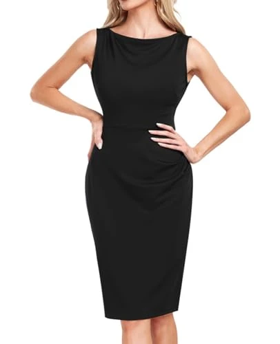Women's Sheath Dress Boat Neck Sleeveless Ruched Slim Work Pencil Dresses Cocktail Party 2024 Black