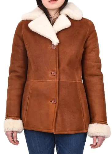 Womens Sheepskin Coat Waist Length White Merino Classic Jacket Camilla Cognac Size 12