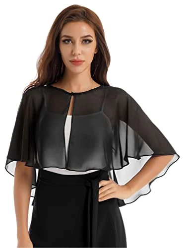 Women's Sheer Chiffon Shrug Shawl Round Neck Cropped Bolero Cape for Evening Gown Party Dress Black 