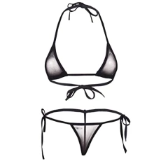 Women's Sheer Mesh Extreme Bikini Halterneck Top and Tie Sides Micro Thong Sets Black One Size