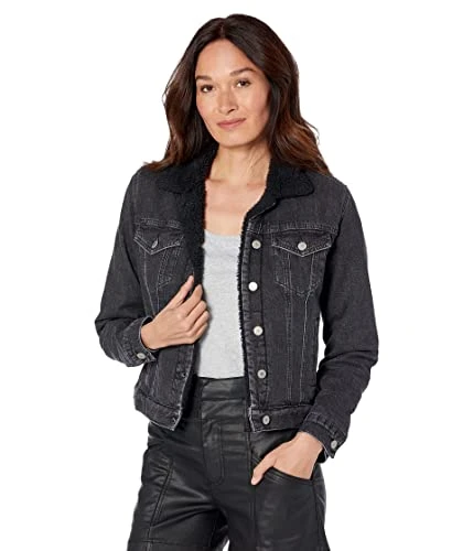 Women's Sherpa Lined Denim Trucker Jacket, Black Hole, M