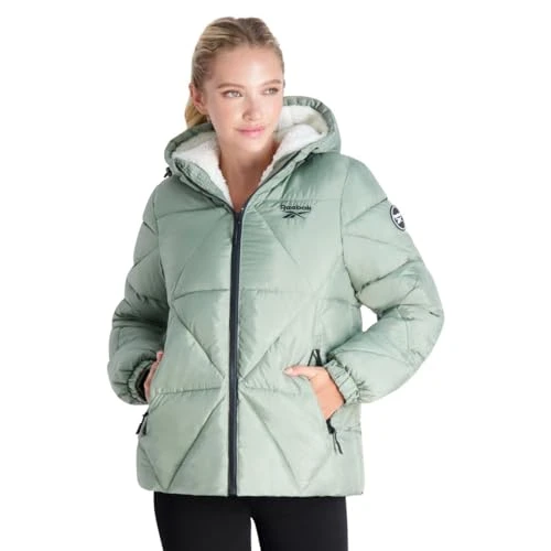 Women’s Sherpa Lined Quilted Winter Puffer Coat Green Size L
