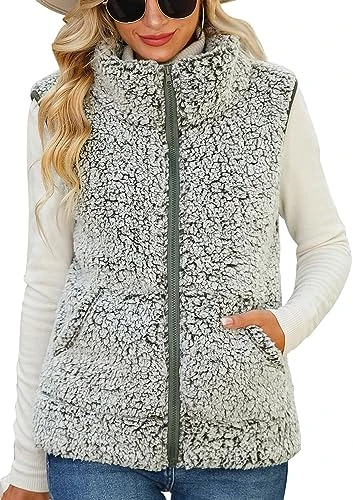 Womens Sherpa Vest Casual Cozy Fleece Vest for Winter Fall Cardigan Outerwear