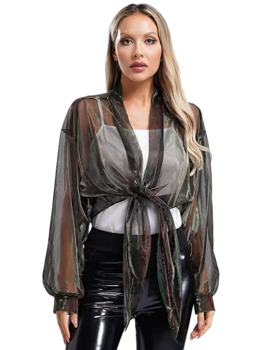 Womens Shimmering Shrug Outerwear Open Front Lace-up Cropped Bolero Long Sleeve Sheer Cardigan Green One Size
