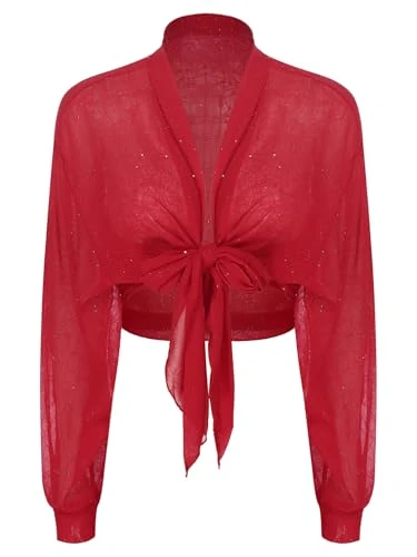 Womens Shimmery Chiffon Long Sleeve Cardigan Shrug Cover-Ups Front Tie Up Bolero Stretch Cropped Top