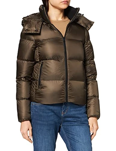 Women's Shiny Down Short Puffer Jacket Quilted, Black Olive, M