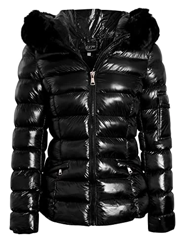 Womens Shiny Faux Fur Puffer Coat Black