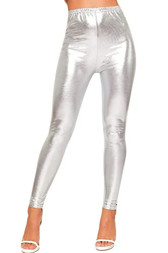 Women's Shiny Metallic Print High Waisted Disco Pants Leggings Ladies Stretch - Silver - 12-14