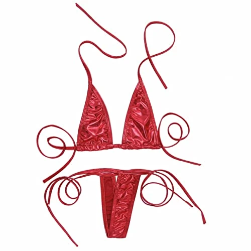 Women's Shiny Micro String Bikini Swimsuit Lingerie Thongs G-String Swimwear Bathing Suits Red One Size