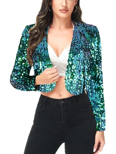 Womens Shiny Sequin Long Sleeve Cropped Blazer Bolero Shrug, Mermaid, XX-Large