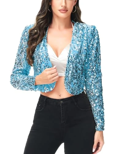 Womens Shiny Sequin Long Sleeve Glitter Cropped Blazer Bolero Shrug, Blue, Large