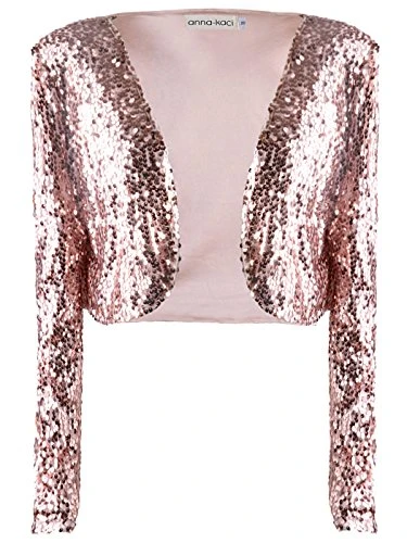 Womens Shiny Sequin Long Sleeve Glitter Cropped Blazer Bolero Shrug, Rose Gold, Large