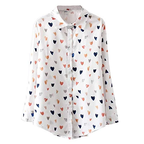 Women's Shirt, Korean Style Love Print Loose Shirt for Women T-Shirt Fashion Soft Cuffed Classic Button Down Cardigan Long Sleeve Comfortable Cotton Top, white, M