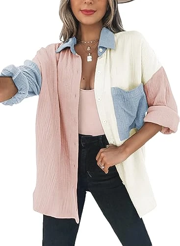 Womens Shirts Long Sleeve Blouses Color Block Button Down Casual Plain Shirt Boyfriend Oversized Top