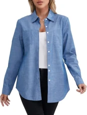 Womens Shirts, Long Sleeves Button Fit Down Cotton Denim Jean Blouse Elegant Tops Blue XXL