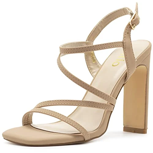 Women's Shoes Faux Nubuck or Faux Leather Strappy Slingback Open Toe Heeled Sandals SH174, Natural, 