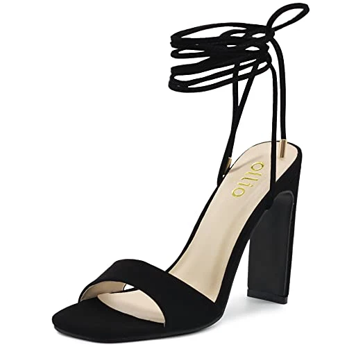 Women's Shoes Faux Nubuck or Faux Leather Strappy Tie Leg Open Toe Heeled Sandals SH175, Black, 5.5 