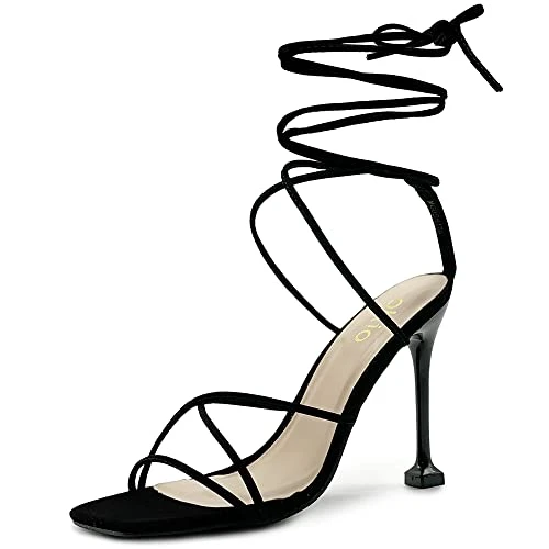 Women's Shoes Faux Nubuck or Faux Leather Strappy Tie Leg Stiletto Heeled Sandals SH176, Black, 5 UK