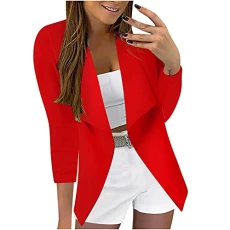 Women's Short Blazer with Lapel Collar Sporty Elegant Transition Jacket 3/4 Sleeve Summer Light Business Office Blazer Plain Front Open Jacket Sitting Elegant Casual Blazer in Plain Colour, Rot7, 22