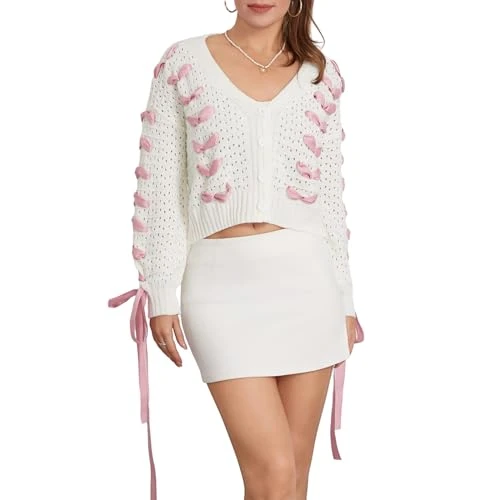 Women's Short Cardigan Cropped Sweater Jumper Ladies Knitted Jacket Long Sleeve Button Down Y2K Fashion Top White (S)