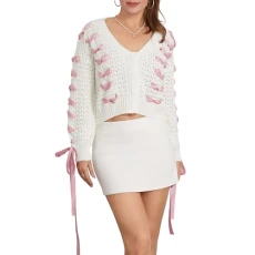 Women's Short Cardigan Cropped Sweater Jumper Ladies Knitted Jacket Long Sleeve Button Down Y2K Fashion Top White (S)