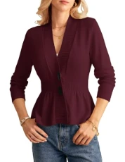 Women's Short Cardigan with Buttons Elegant Long-Sleeved V-Neck Knitted Coat Wine red M Women's Short Cardigan with Buttons Elegant Long-Sleeved V-Neck Knitted Coat Wine red M