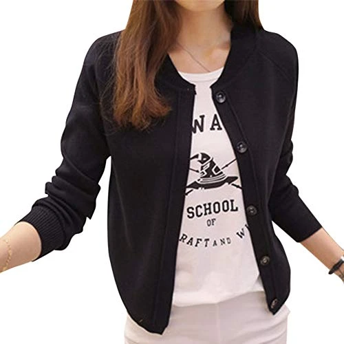 Womens Short Fine Knit Cardigan Coat Round Neck Long Sleeve Button Sweater Tops Black S
