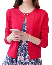 Womens Short Fine Knit Cardigan Round Neck Long Sleeve Sweater Sunscreen Shawl Tops Red L