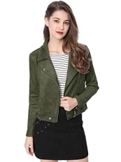 Women's Short Jacket Soft Moto Zip Up Pockets Faux Suede Biker Jackets Olive Green M