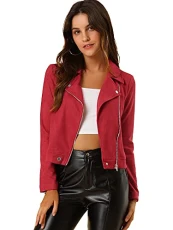 Women's Short Jacket Soft Moto Zip Up Pockets Faux Suede Biker Jackets Red M