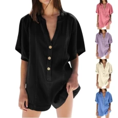 Women's Short Jumpsuits 2024 Trendy Summer Casual V Neck Button Rompers Solid Short Sleeve Loose T-S