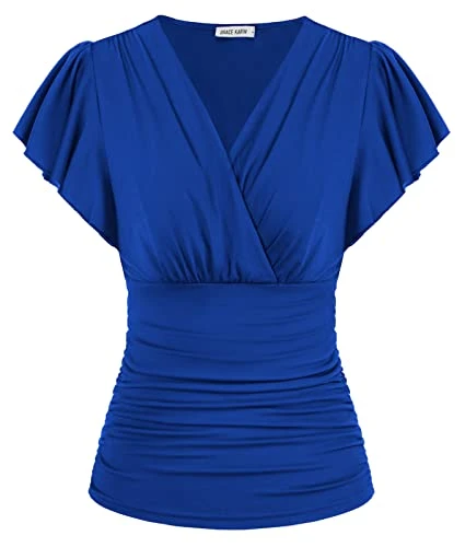 Women's Short Lantern Sleeves T Shirt Casual V Neck Oversized Tunic Blouses Tops Royal Blue L