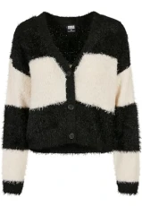 Women's short oversized feather cardigan sweater, Black/White Sand, XXXXL