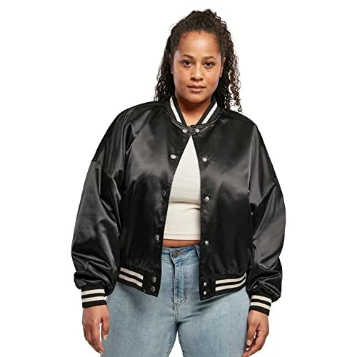 Women's Short Oversized Satin College Jacket, Black, XXXXL