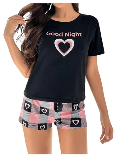 Women's Short Pyjama Set Heart Graphic Short Sleeve Top and Shorts 2 Piece Nightwear Sleepwear Black M