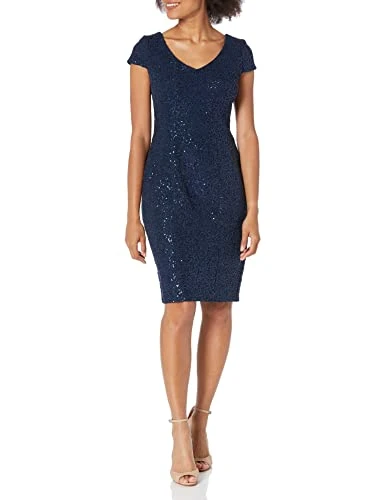 Women's Short Shift Knee Length Scoop Illusion (Petite & Regular) Special Occasion Dress, Navy Corded, 18