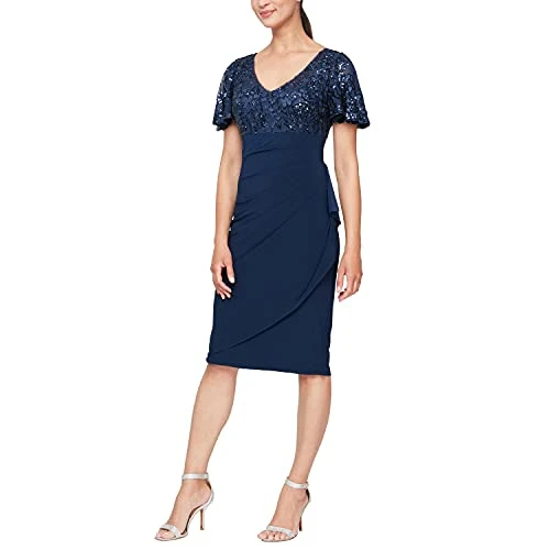 Women's Short Shift Knee Length V Neck Dress (Petite & Regular) Special Occasion, Navy Flutter Sleeve, 18