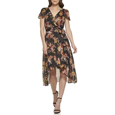 Women's Short Sleeve Asymmetrical Hem Faux Wrap Dress, Black Mutli, 8 Women's Short Sleeve Asymmetrical Hem Faux Wrap Dress, Black Mutli, 8