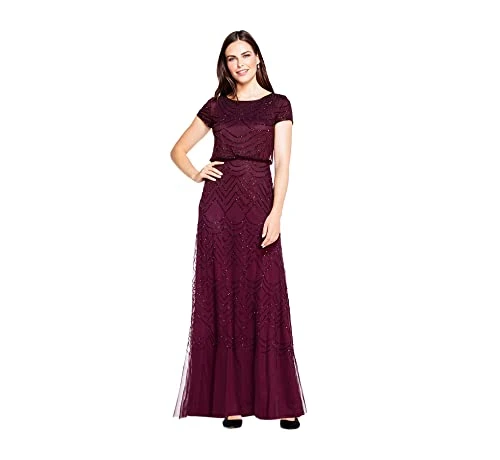 Women's Short Sleeve Blouson Beaded Gown, Cassis, 8