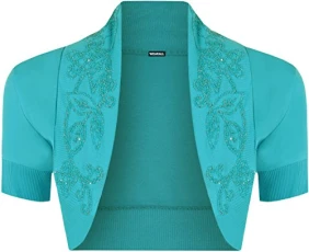 Womens Short Sleeve Bolero Cropped Open Beaded Sequin Shrug Top Turquoise