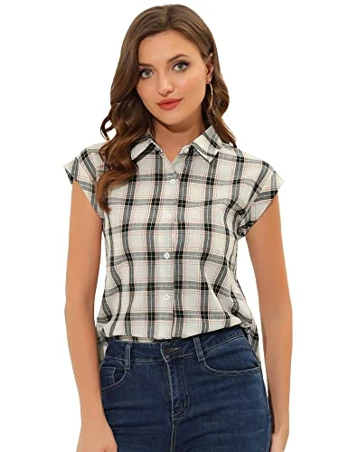 Women's Short Sleeve Button Down Blouse Plaid Shirt White 8