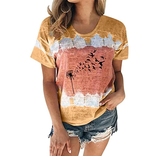 Women's Short Sleeve Casual Fashion Blouse Dandelion Print Crew Neck Short Sleeve T-Shirt Blouse Top