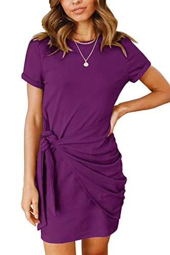 Women's Short Sleeve Crew Neck T Shirt Dress Tie Waist Ruched Bodycon Mini Dress, Plum, Small