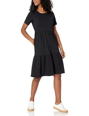 Women's Short leeve Crewneck Tiered Dress, Black, XXL