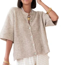Womens Short Sleeve Cropped Cardigan Ribbed Knitted Crew Neck Button Up Jumper Tops Loose Fit Cute Casual Knitwear Outerwear (Dark Khaki, M)