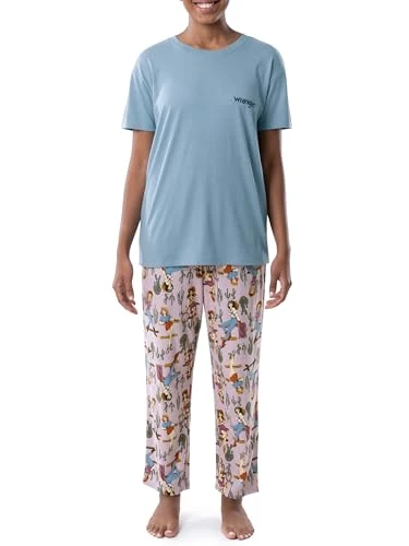 Women's Short Sleeve Graphic Tee and Printed Pants Pajama Sleep Set, Blue/Cowgirl, M