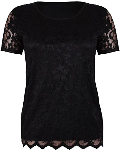 Womens Short Sleeve Ladies Stretch Round Scoop Neckline Lined Floral Lace Blouse T-Shirt Top Plus Si